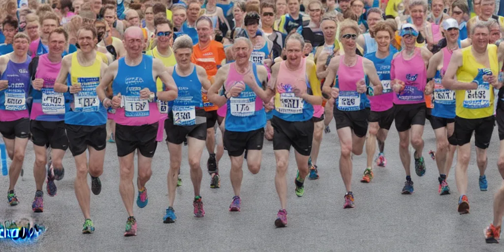 Image similar to photograph of long row of marathon runners, start line, advertising campaign, muted colours, studio backdrop, diverse people