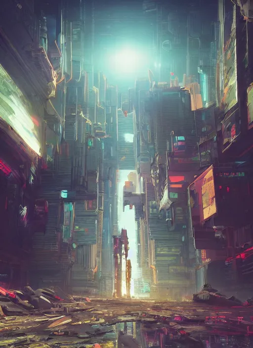 Prompt: a painting of a giant robot standing in front of a post apocalyptic city ruins, cyberpunk art by beeple, artstation hd, dystopian art, apocalypse art, sci - fi, glowing neon lights anamorphic lens flare