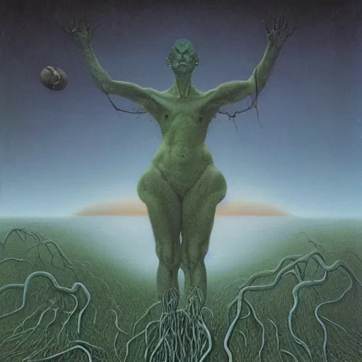 Image similar to Zdzisław Beksiński by Gerald Brom, landscape humans horror