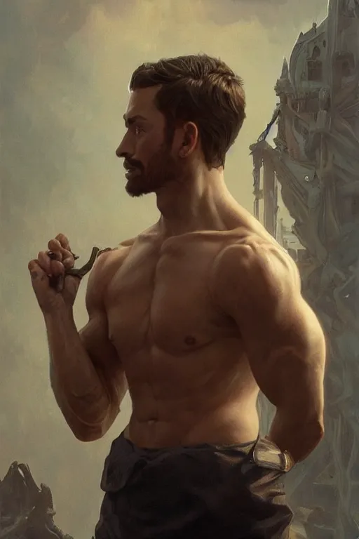 Image similar to Young man, no beard, muscular upper body, D&D, fantasy, realistic physic, accurate hyper-realistic body, elegant, highly detailed, digital painting, artstation, concept art, smooth, sharp focus, illustration, art by artgerm and greg rutkowski and alphonse mucha
