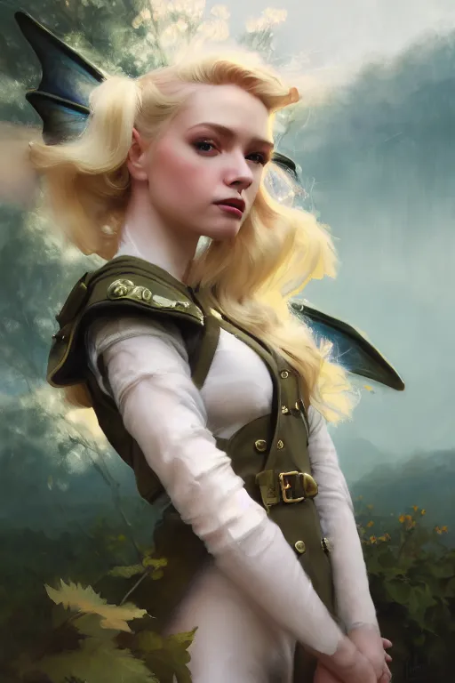 Prompt: cinematic shot of an epic portrait of a cute blonde fairy dressed in military clothes, stylised military clothes, large wings on back, shiny skin, sexy, small details, realistic poster with volumetric light from jeremy lipkin and michael garmash, craig mallism, artgerm, unreal engine, radiant light, digital art, trends at art station, a masterpiece