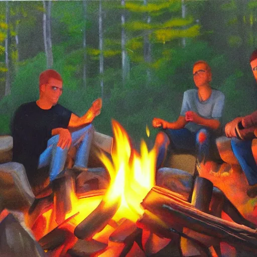 Prompt: sitting around a campfire, hyper realism