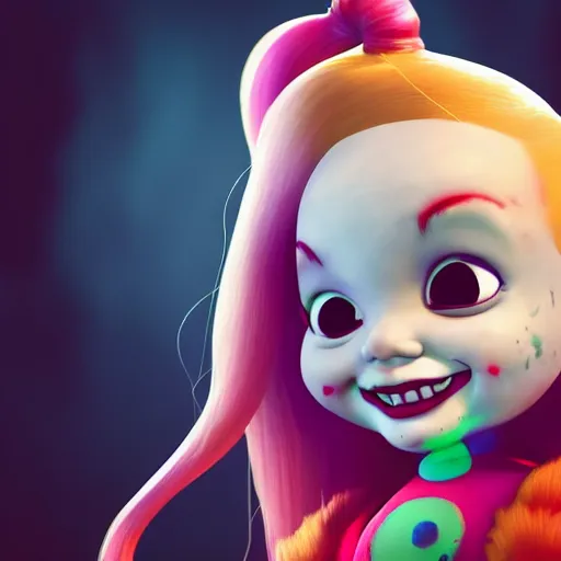 Image similar to baby harley quinn with pigtail in hair like pebbles flintstones playing with a magic wand, full body, big head, large smile, pixar style, happy, chill out 4 k trending on artstation