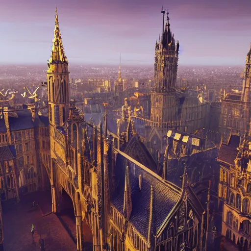 Prompt: gloomy panorama of a gothic, monumental, medieval city during carnival with very tall, soaring watchtowers made of melting gold, golden hour, elegant and extremely ornamental, game by Hidetaka Miyazaki, HDR, raytracing, intricately detailed, octane render, gloomy earthy colors, masterpiece