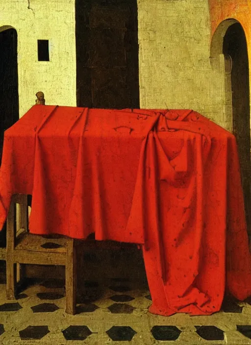 Image similar to red cloth of the floor, medieval painting by jan van eyck, johannes vermeer, florence