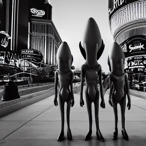 Image similar to actual photography of grey aliens walking along the Las Vegas strip, award winning, high def,