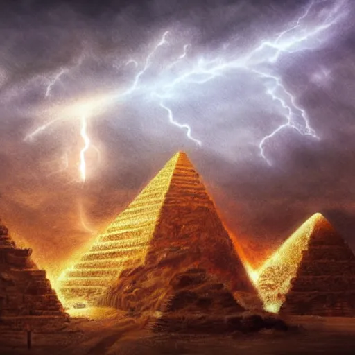 Prompt: Helios guarding the pyramid of Cheops, dessert, ancient world, realistic, god, dramatic lightning, very detailed, concept art,