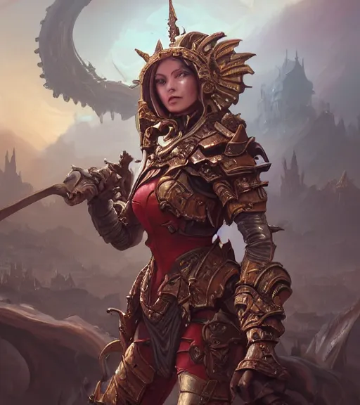 Prompt: demons, full armor, full body portrait, gentle, female, city landscape, d & d, fantasy, intricate, elegant, highly detailed, digital painting, red gold color palette, artstation, octane render, concept art, matte, sharp focus, illustration, hearthstone, art by artgerm and greg rutkowski and alphonse mucha