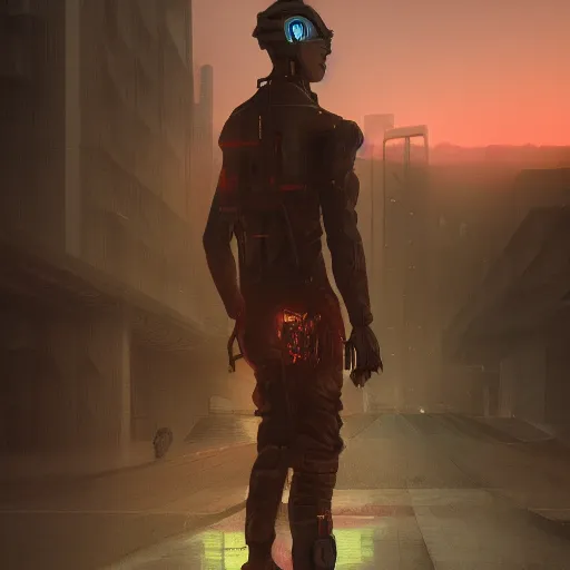 Prompt: realistic man standing in cyberpunk high desert digital art, trending on artstation, neon