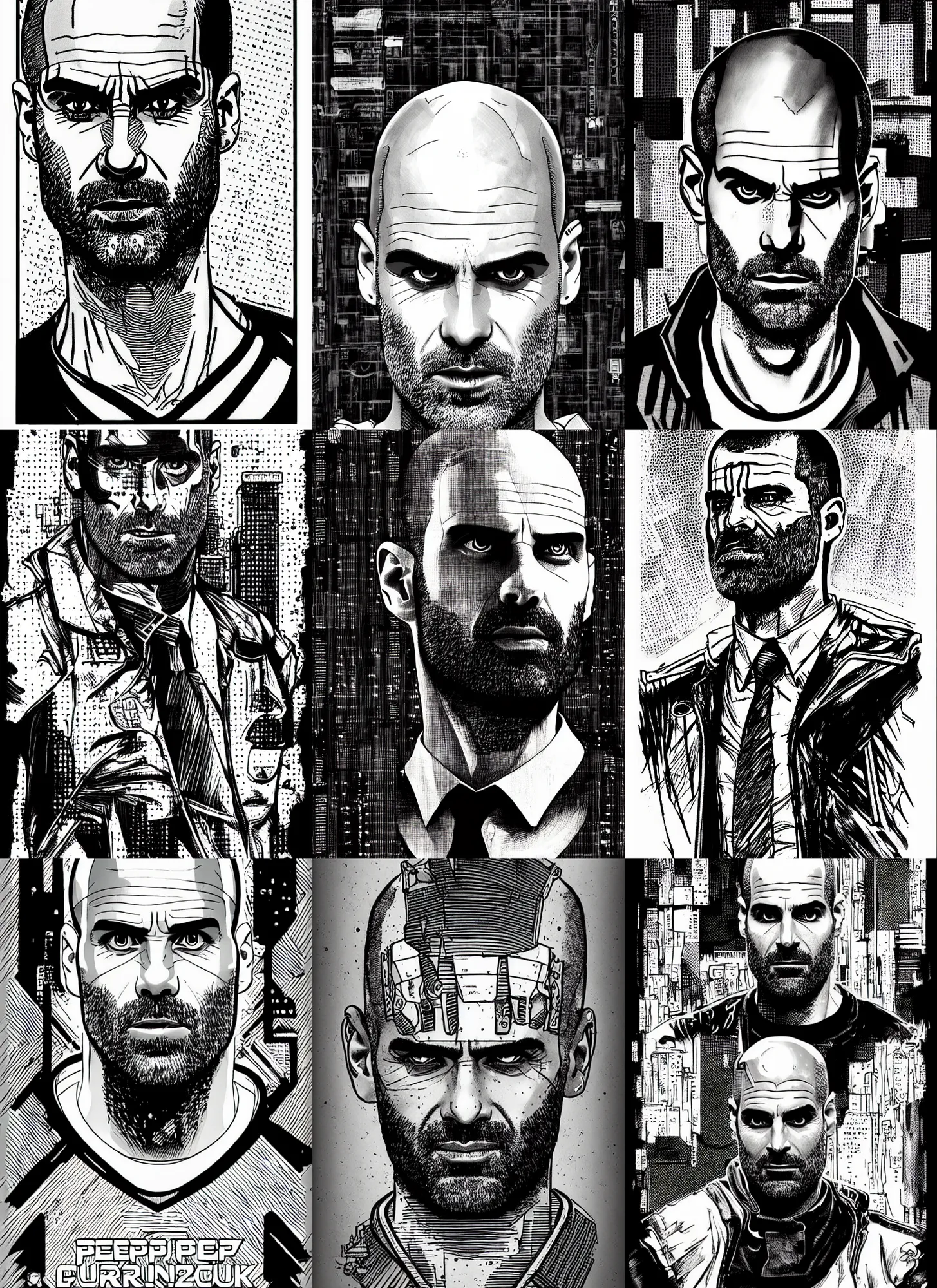 Prompt: pep guardiola, portrait, cyberpunk 2 0 2 0 manual, by steampoweredmikej, by tim bradstreet, inktober, ink drawing, black and white, coloring pages, manga, highly detailed