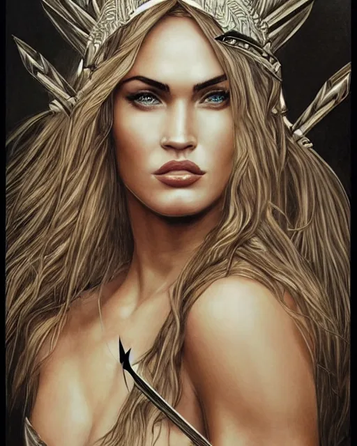 Image similar to portrait of beautiful megan fox as greek goddess aphrodite, archer, arrow on the head, beautiful piercing eyes, flowing blonde hair, realistic face, black and white drawing, in the style of greg rutkowski, fantasy, amazing detail, epic, intricate, elegant, smooth, sharp focus