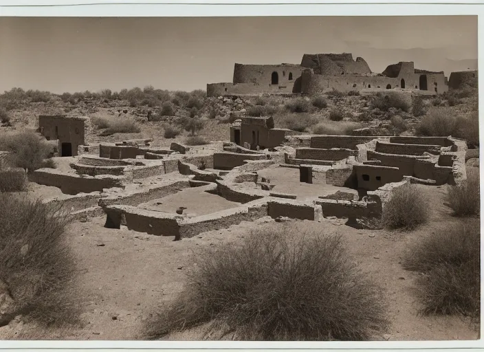 Prompt: Photograph of a huge kiva surrounded by pueblo ruins in lush desert vegetation, albumen silver print, Smithsonian American Art Museum