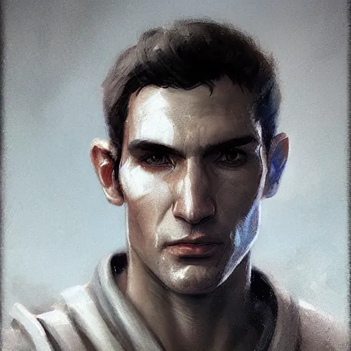 Image similar to portrait of a man by greg rutkowski, jedi knight, he looks like sam witwer, very short hair, wearing gray jedi robes, star wars expanded universe, he is about 2 0 years old, highly detailed portrait, digital painting, artstation, concept art, smooth, sharp foccus ilustration, artstation hq