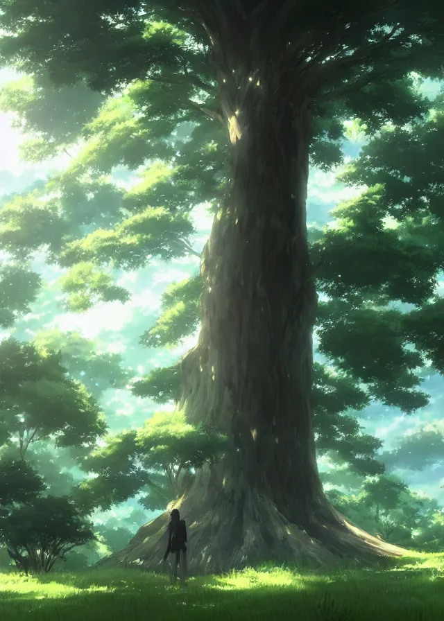 Image similar to grand green tree in a forest, makoto shinkai