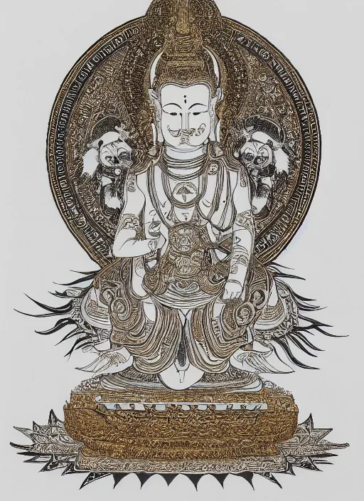 Image similar to detailed pen and ink illustration of a Buddhist bodhisattva with a bears head, anthropomorphic, seated in royal ease, 0.2 black micron pen on white paper, gilded gold halo behind head, highly detailed, fine pen work, white background, in the style of Olivia Kemp