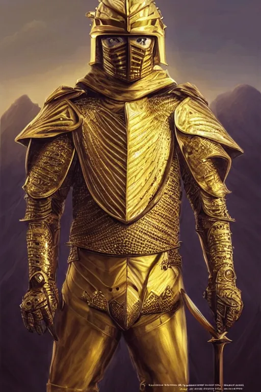 Image similar to Hyper-realistic photo of the King of the Desert, Gold Armour suit, Sword, sand, handsome attractive face, attractive young man, beautiful face, dramatic lighting, majestic, D&D, fantasy, elegant, intricate, highly detailed, digital painting, concept art, sharp focus, illustration, trending on artstation, art by artgerm and greg rutkowski and alphonse mucha