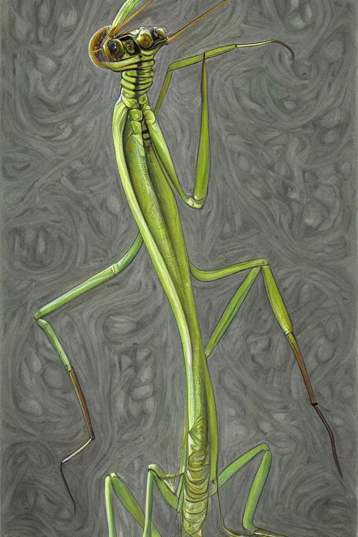 Image similar to portrait of a praying mantis alien, by giancola, very detailed art, elegant, sophisticated, high resolution, smooth