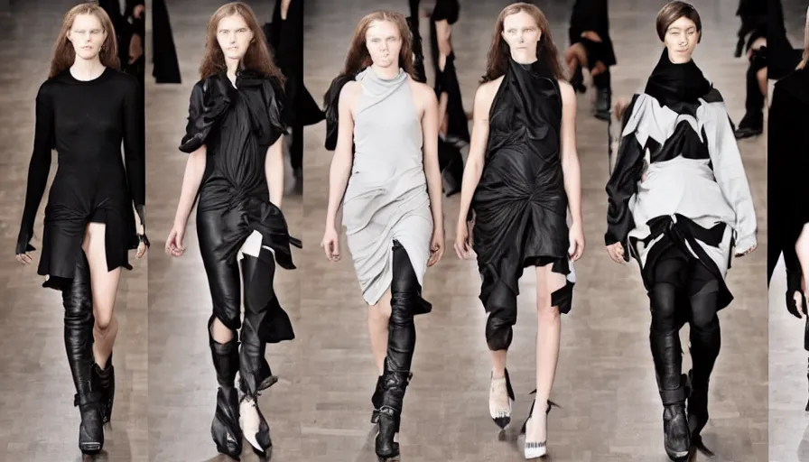 Image similar to alexander mcqueen in the style of rick owens, runway show, fashion photoshoot,