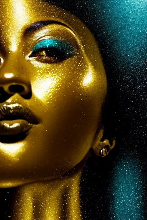 Image similar to hyperrealistic post - dada cinematic very expressive! profile black oshun goddess, head emerging from water, mirror dripping droplet!, gold flowers, highly detailed face, digital art masterpiece, smooth eric zener cam de leon, dynamic pearlescent teal light, low angle uhd 8 k, sharp focus