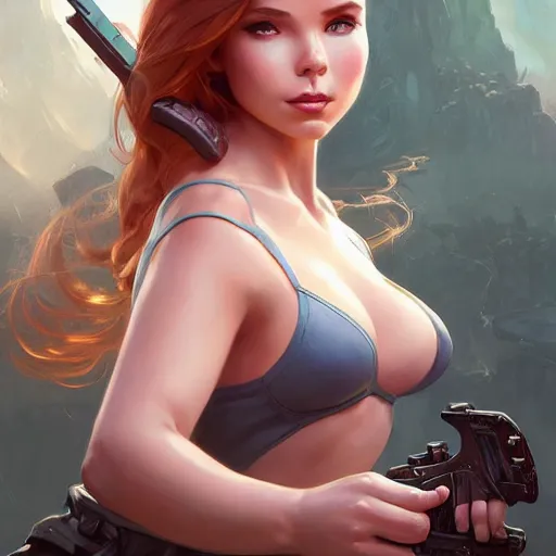 Image similar to Realistic Kim possible, fantasy, intricate, elegant, highly detailed, digital painting, artstation, concept art, matte, sharp focus, illustration, hearthstone, full body, art by Artgerm and Greg Rutkowski and Alphonse Mucha