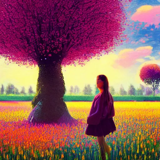 Image similar to girl made from large flower, standing in flower field, surreal photography, big trees, sunrise dramatic light, impressionist painting, colorful clouds, digital painting, pointillism, artstation, simon stalenhag