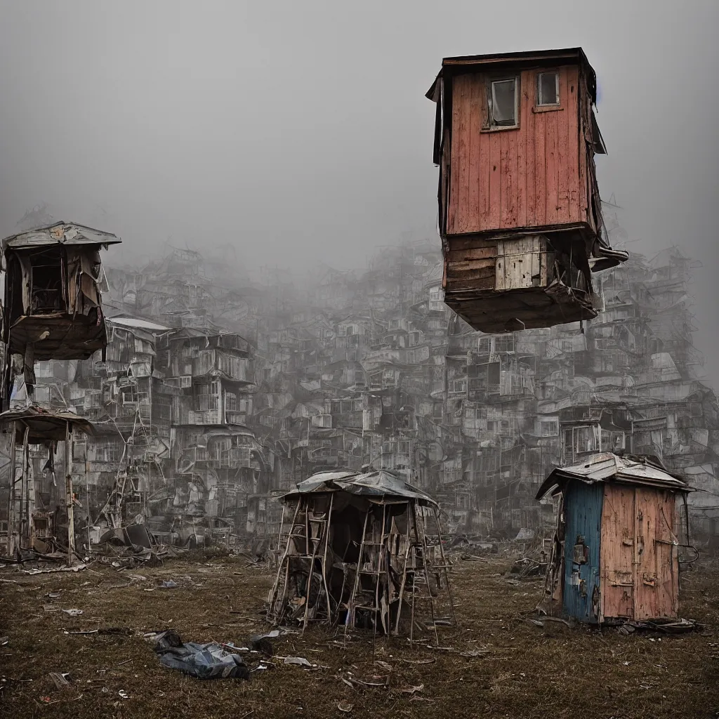 Image similar to two towers, made up of makeshift squatter shacks with faded colours, moody sky at the back, uneven fog, dystopia, mamiya, f 1 1, fully frontal view, ultra sharp, very detailed, photographed by julie blackmon