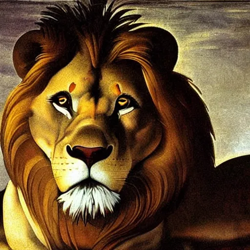 Image similar to majestic painting of a lion by Michelangelo Merisi da Caravaggio