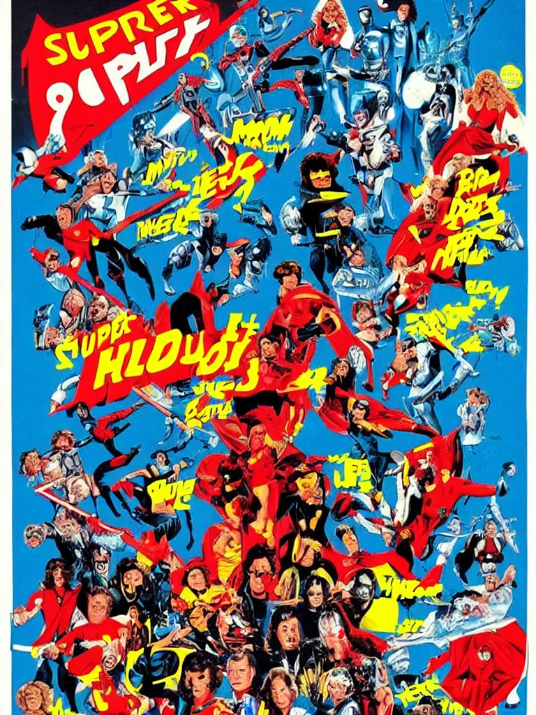 Image similar to 8 0 ´ s super hero movie poster