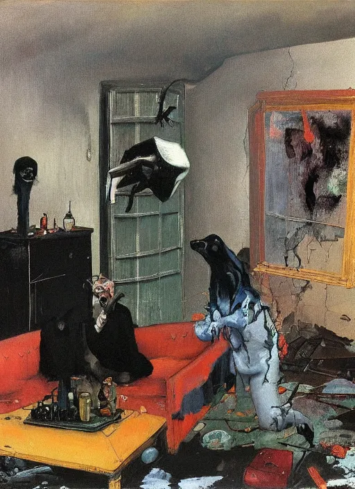 Image similar to two dark figures laughing and a black dog inside a decayed contemporary living room with large oxygen tank in the style of Francis Bacon and Zdzislaw Beksinski, Edward Hopper and Norman Rockwell, highly detailed, very coherent, triadic color scheme