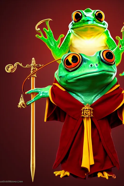 Image similar to harry potter frog mage in a gryffindor form, magic wand, in hogwarts, high details, volume light, best composition, 4 k