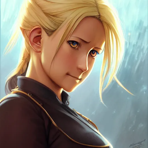 Prompt: Riza Hawkeye from Fullmetal Alchemist, fantasy, intricate, elegant, highly detailed, digital painting, artstation, concept art, matte, sharp focus, illustration, art by Artgerm and Greg Rutkowski and Alphonse Mucha