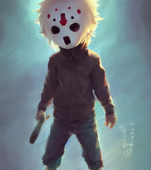 Image similar to beautiful little boy anime character inspired by jason voorhees, art by rossdraws, wlop, ilya kuvshinov, artgem lau, sakimichan and makoto shinkai, concept art, anatomically correct, extremely coherent, realistic, mask, smooth hd, 8 0 s haircut