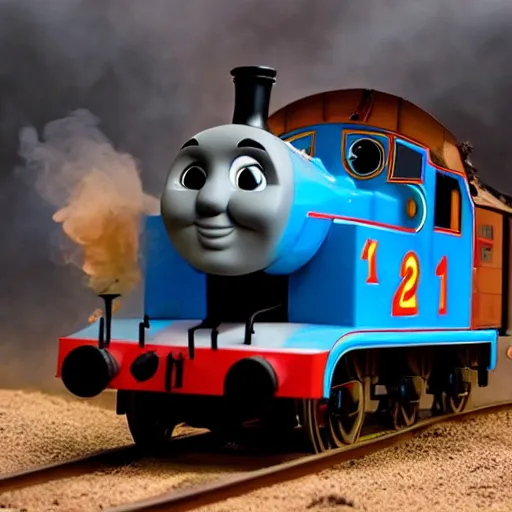 Image similar to thomas the tank engine, mad max fury road, highly detailed, high quality, high resolution