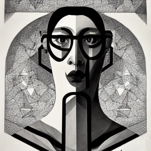 Image similar to white lithography print polish poster conceptual figurative post - morden monumental portrait made by escher, highly conceptual figurative art, intricate detailed illustration, controversial poster art, polish poster art, geometrical drawings