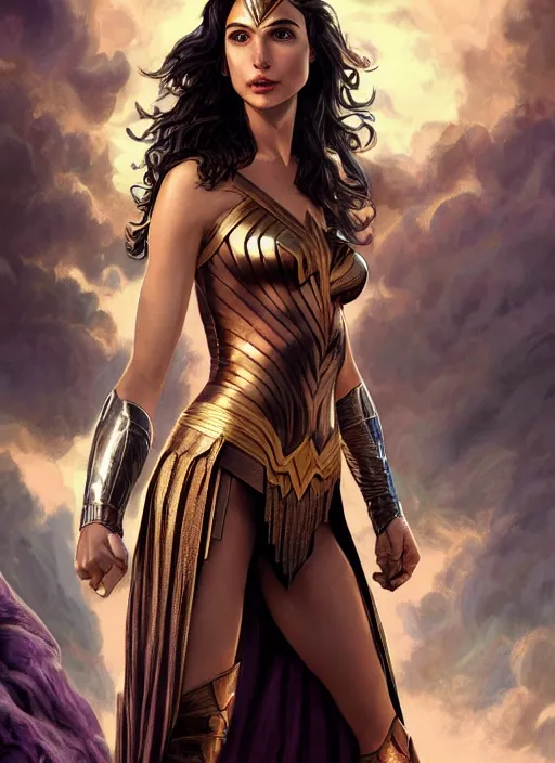 Image similar to Gal Gadot as Hell Lord, full body shot, epic, fantasy, intricate, elegant, volumetric lighting, highly detailed, digital painting, 4k, HDR, concept art, smooth, sharp focus, illustration, art by artgerm and alex ross and alphonse mucha and Adam Hughes