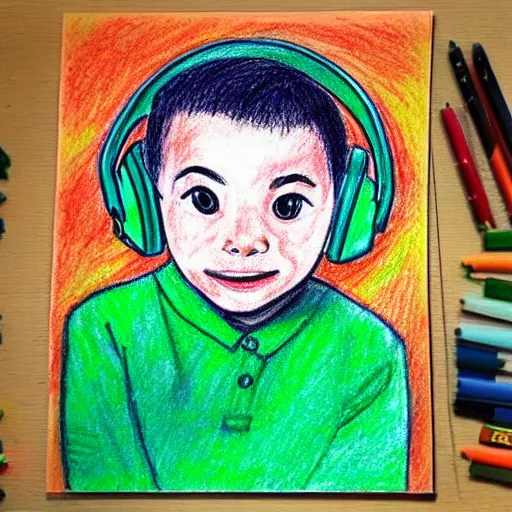 Image similar to crayon drawing of a kid with green headphones drawn by a 6 year old, photorealistic