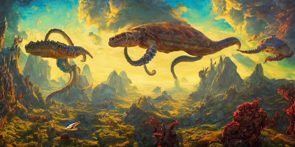 Image similar to fantasy oil painting, great leviathan, cybernetic turtle cephalopod terrapin reptilian pachyderm squid, bella hadid, hybrid, milla jovovich, anubis, epic natural light, lush plants flowers, spectacular mountains, bright clouds, luminous sky, outer worlds, golden hour, michael cheval, edward hopper, michael whelan, vray, hd