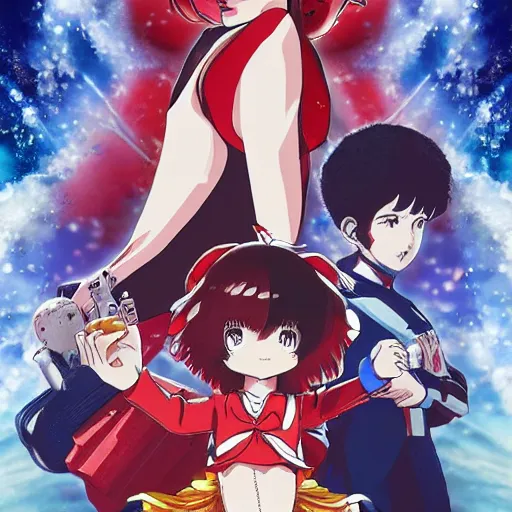 Image similar to incredibly powerful Anime Girl, created by Hideaki Anno + Katsuhiro Otomo +Rumiko Takahashi, Movie poster style, box office hit, a masterpiece of storytelling, main character center focus, monsters + mech creatures locked in combat, nuclear explosions paint sky, highly detailed 8k