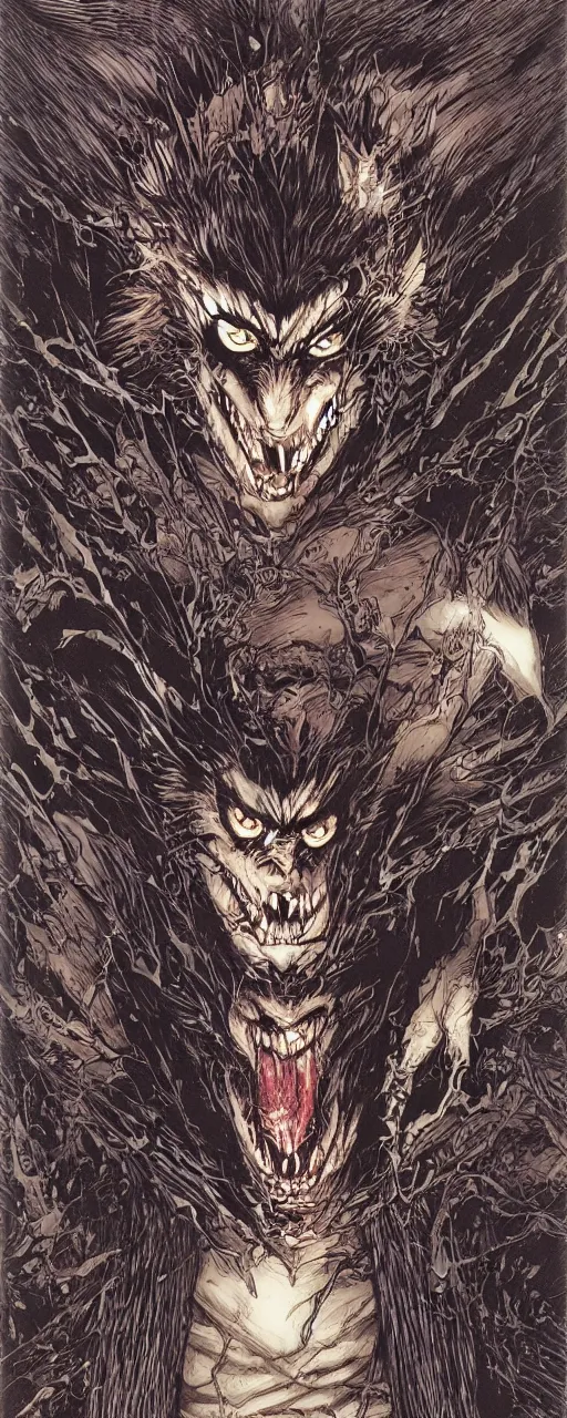 Image similar to wolf man vampire mad, inside a frame on a tiled wall, frontal picture, by yoichi hatakenaka, masamune shirow, josan gonzales and dan mumford, ayami kojima, takato yamamoto, karol bak