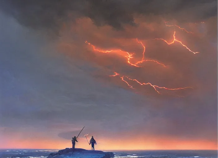 Prompt: a man with a long wavy black hair wearing a long blue coat and holding a spear stands with his back to the viewer on bare rocky ground looking up at an immense approaching lightning storm. roiling dramatic threatening dangerous looming clouds in shades of red and orange and blue and grey and black. fantasy art by greg rutkowski and michael whelan