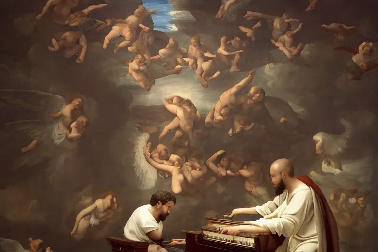 Prompt: A renaissance painting of Mac Miller as an angel playing the piano in Heaven, RIP, Heavenly, Divinity, Hope, Ethereal, Symmetry, Atmospheric Lighting, artstation trending, ladders, angelic, Rendered in Octane, trending on artstation, cgsociety, moody lighting rendered by octane engine, environment 8K artstation, cinematic lighting, intricate details, 4k detail post processing, hyperrealistic, ultra detailed cinematic