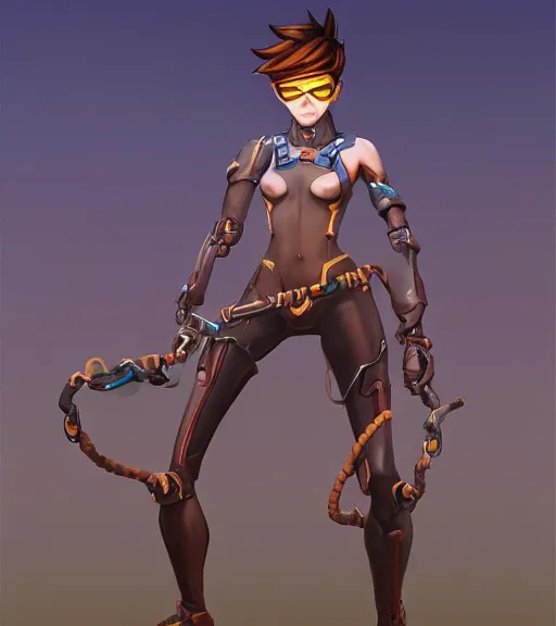 Image similar to full figure, painting of tracer from overwatch, in style of zdzisław beksinski, horror, 4 k, feminine facial features, full armor, full armor, detailed face, tall, dark ropes and chains in background