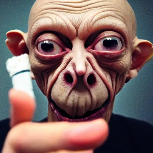 Image similar to gollum with cigarette selfie