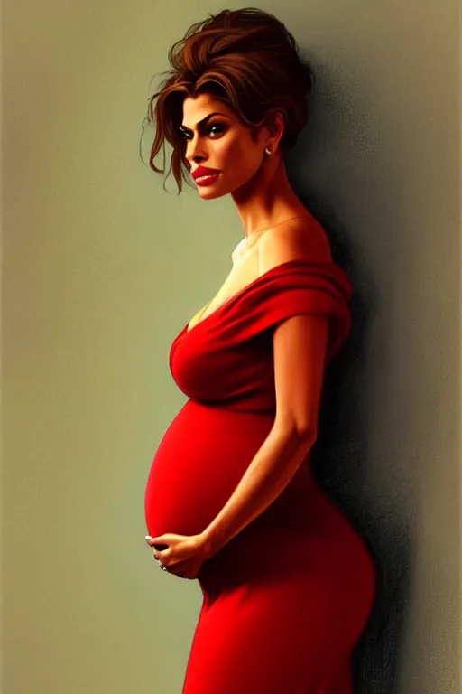 Image similar to pregnant eva mendes in a red dress, realistic portrait, symmetrical, highly detailed, digital painting, artstation, concept art, smooth, sharp focus, illustration, cinematic lighting, art by artgerm and greg rutkowski and alphonse mucha