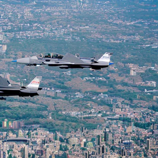 Prompt: fighter jets flying through a city