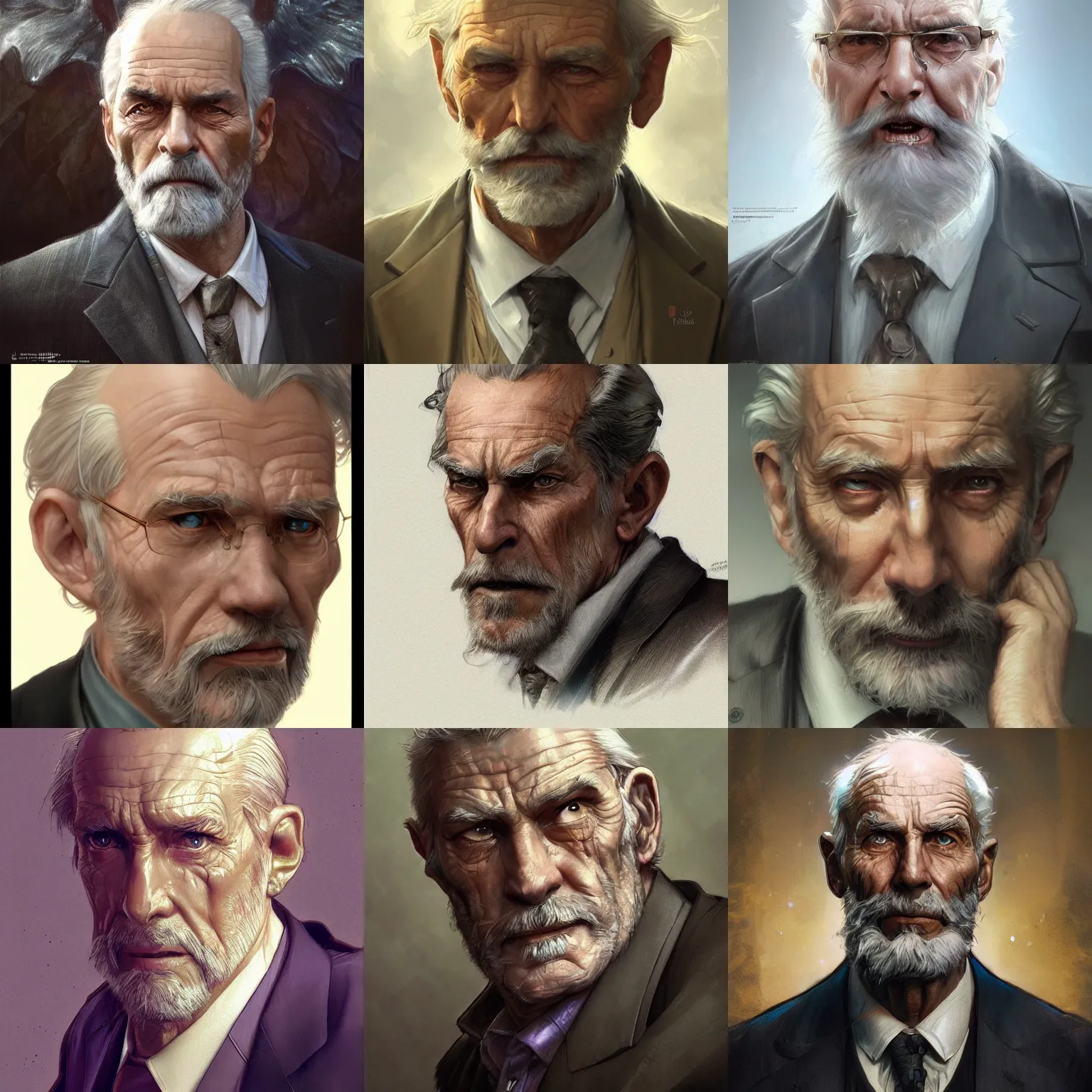Prompt: Scruffy wrinkled old man in suit, fantasy, D&D, portrait, piercing stare, highly detailed, digital painting, artstation, concept art, sharp focus, illustration, art by artgerm and greg rutkowski and alphonse mucha