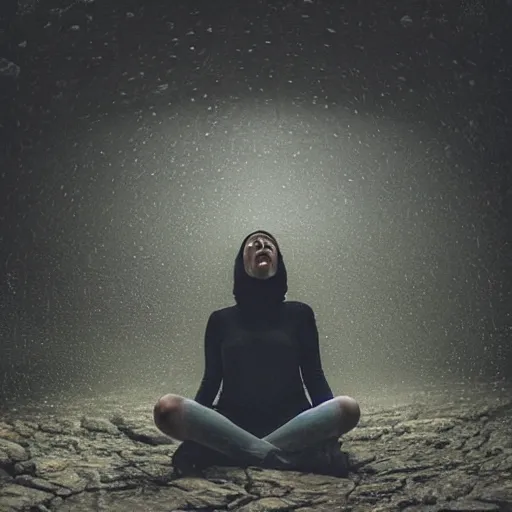 Image similar to Woman sitting under a ginormous rock overhead, partially cupping her hands, gesturing it outward!!!!! to the camera!!!!!, in a rainy environment, fisheye!!!!! lens!!!!!, rainy and wet atmosphere, closeup!!!!!, dark and grim lighting, trending on artstation, 4k, 8k