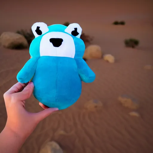 Image similar to blue'snappy gifts'human - sized plush doll, looking at the camera, in the desert, holding gift, happy atmosphere, high detail, 8 k