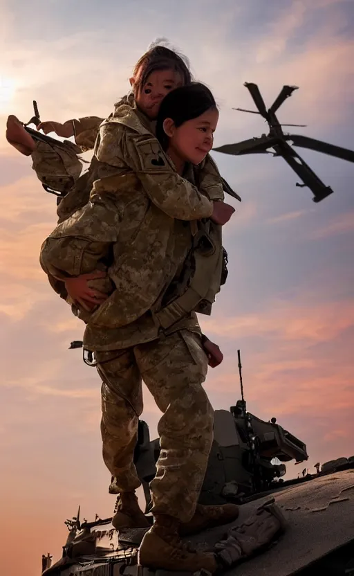 Image similar to female soldier carrying a small girl on the shoulder into a transport helicopter for the extraction, highly detailed, high resolution, war footage, stunning, real sunset, in the middle of a firefight, girls frontline style, bokeh soft, 100mm, trending on instagram, photo by steve mccurry, realistic human anatomy, realistic military carrier, soldier clothing, modern warfare, realistic guns