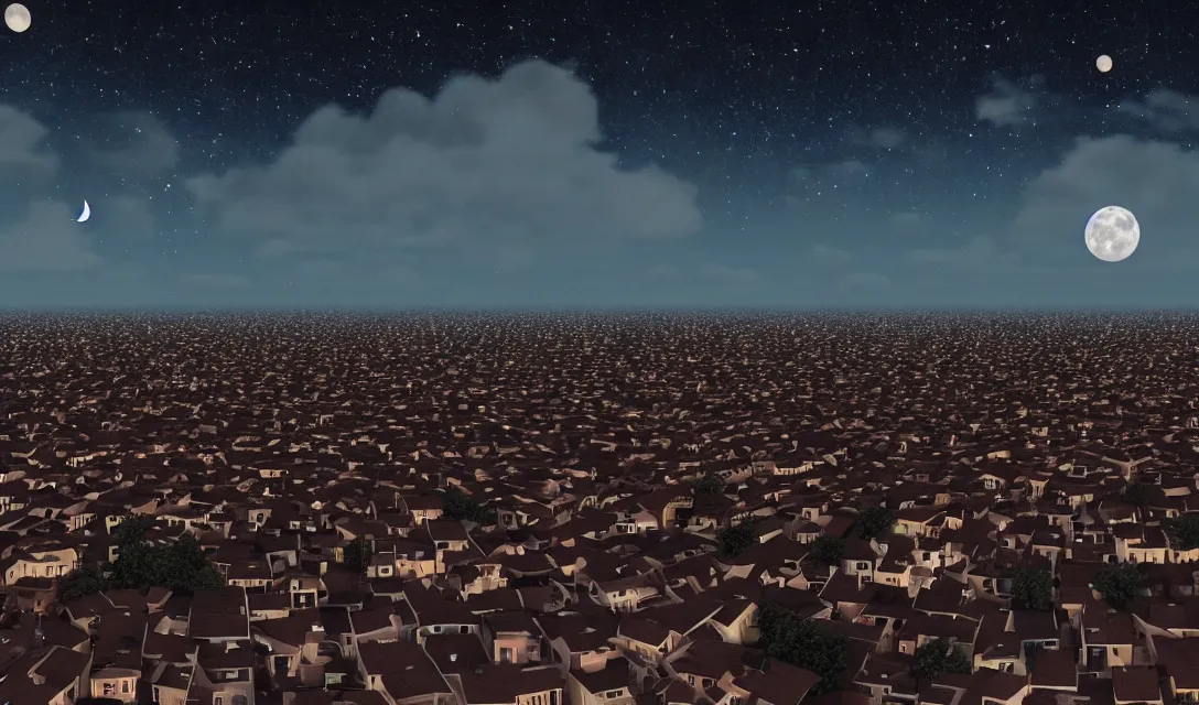 Image similar to thousands of different moons scattered across the sky. thousands of big moons, focus on the sky. thousands of houses in the city, hyperrealism, no blur, 4 k resolution, ultra detailed